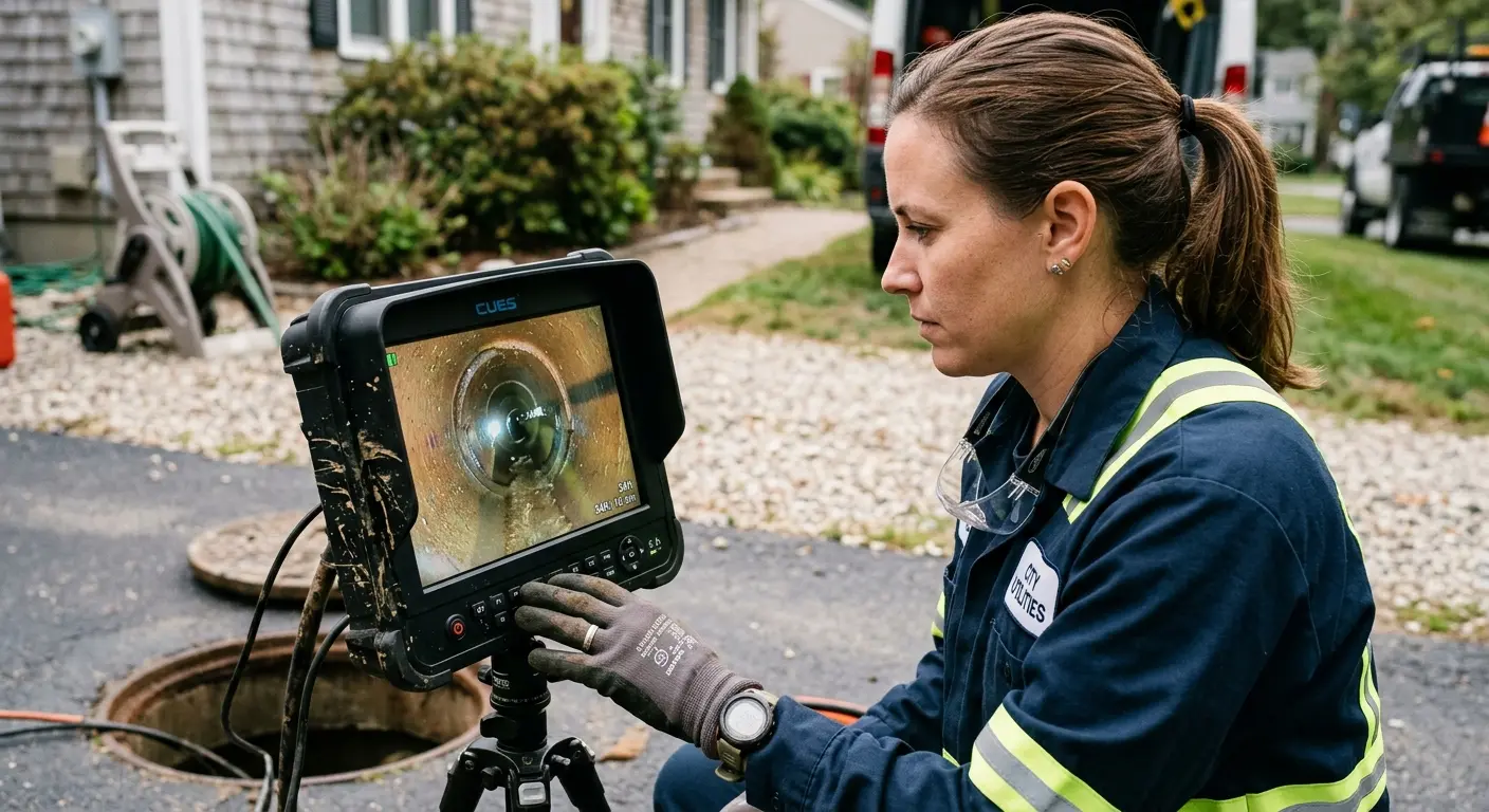 Technician reviewing sewer camera inspection footage in River Vale