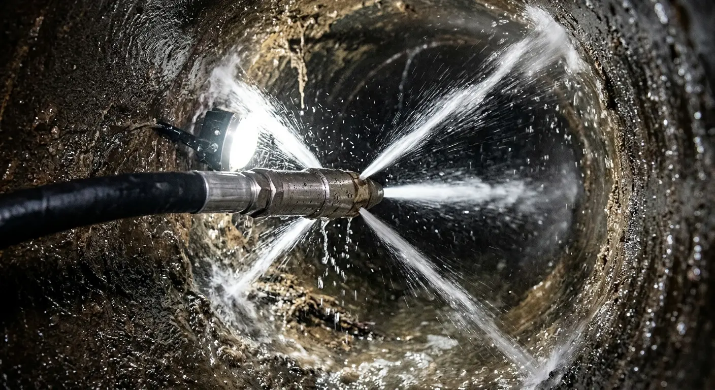 High-pressure hydro jetting nozzle cleaning sewer pipe for Storm Drain Cleaning in River Vale