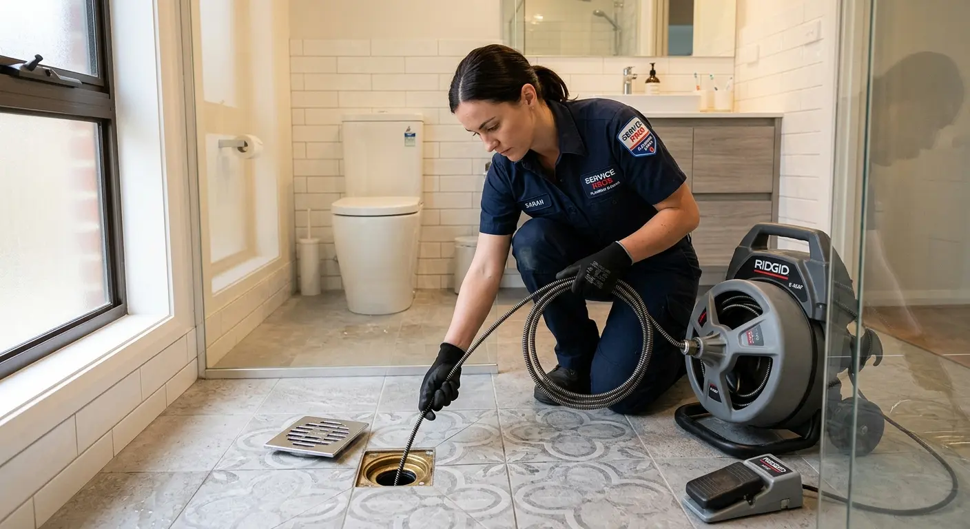 Technician clearing a bathroom floor drain for Sewer Line Installation in River Vale